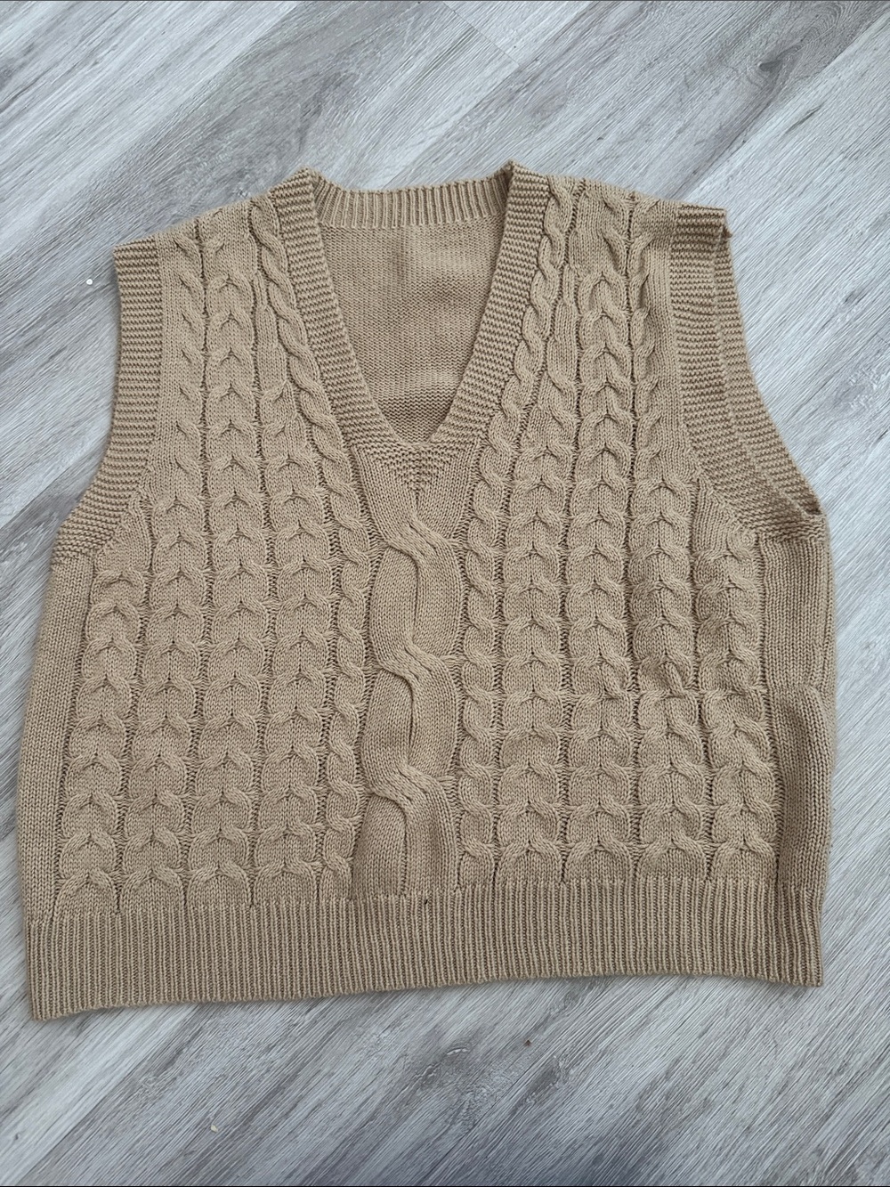 Shein Cable Knit V-Neck Sweater Vest in Camel